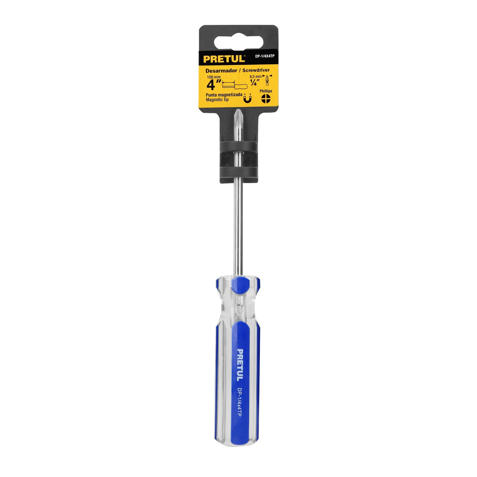 Desarmador de cruz 1/4 x 4" mango de PVC, PRETUL